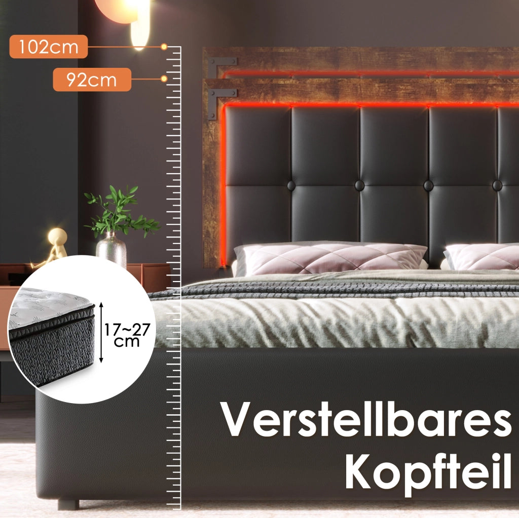 Letto singolo imbottito 90x200 cm in PU nero con LED; testiera regolabile e 4 cassetti