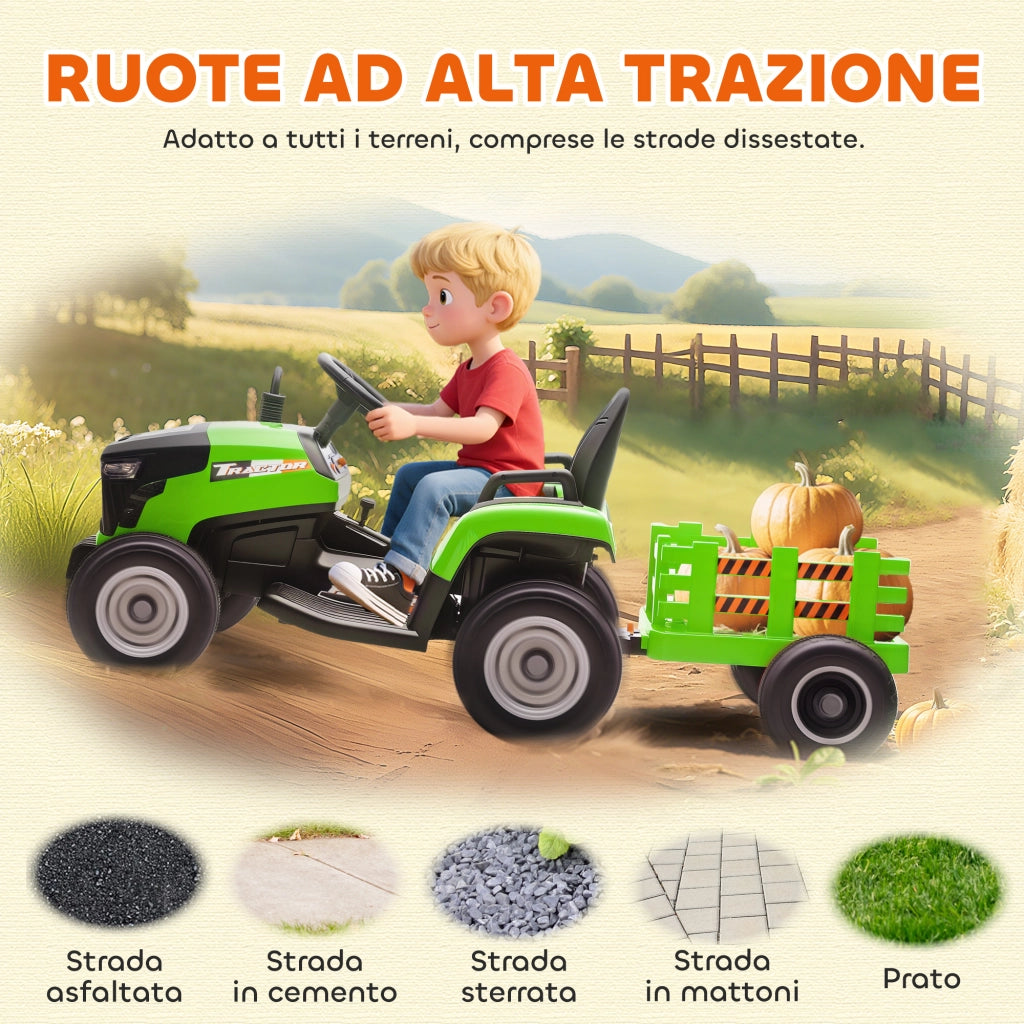 Trattore Elettrico per Bambini 12V con Rimorchio Staccabile 139x58x55 cm e Telecomando Verde