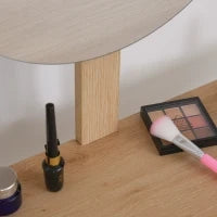 Toeletta Tavolo da Trucco con Specchio Circolare Ф39cm, Consolle Trucco con Cassetto con Decorazione Jungle, Bianco e Rovere, 70x39x119-128cm