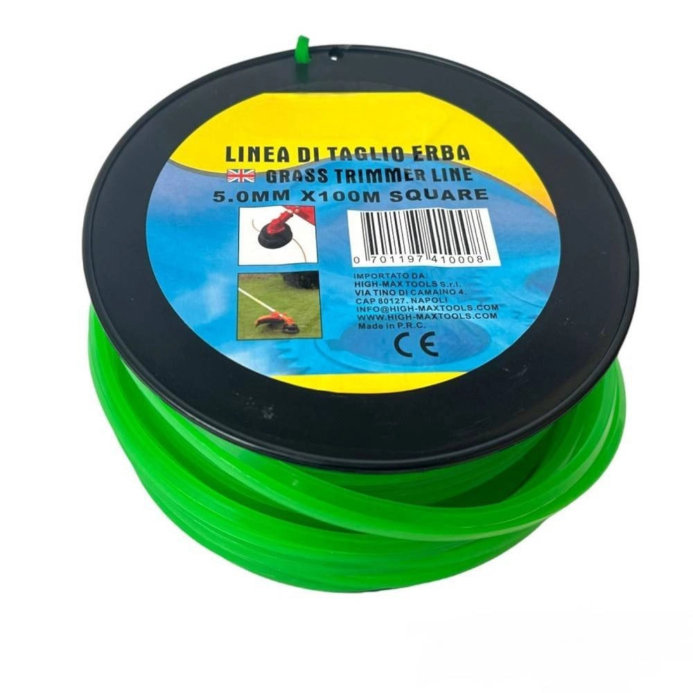 Trade Shop - Filo Per Decespugliatore Quadrato 5 Mm Bobina 100mt Taglaerba Cavo Matassa Verde -