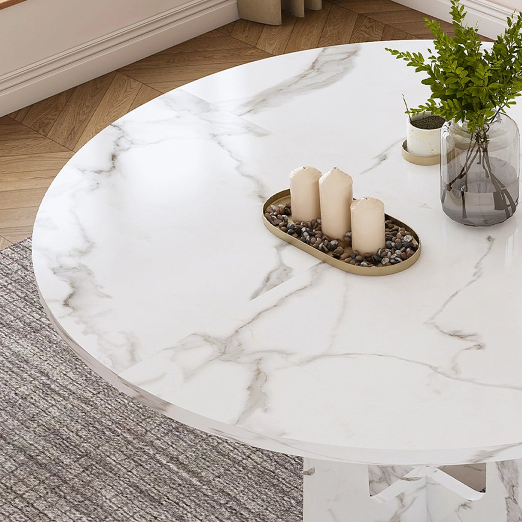 Tavolo da pranzo rotondo in MDF con piano effetto marmo bianco e piedini regolabili per sala da pranzo e cucina