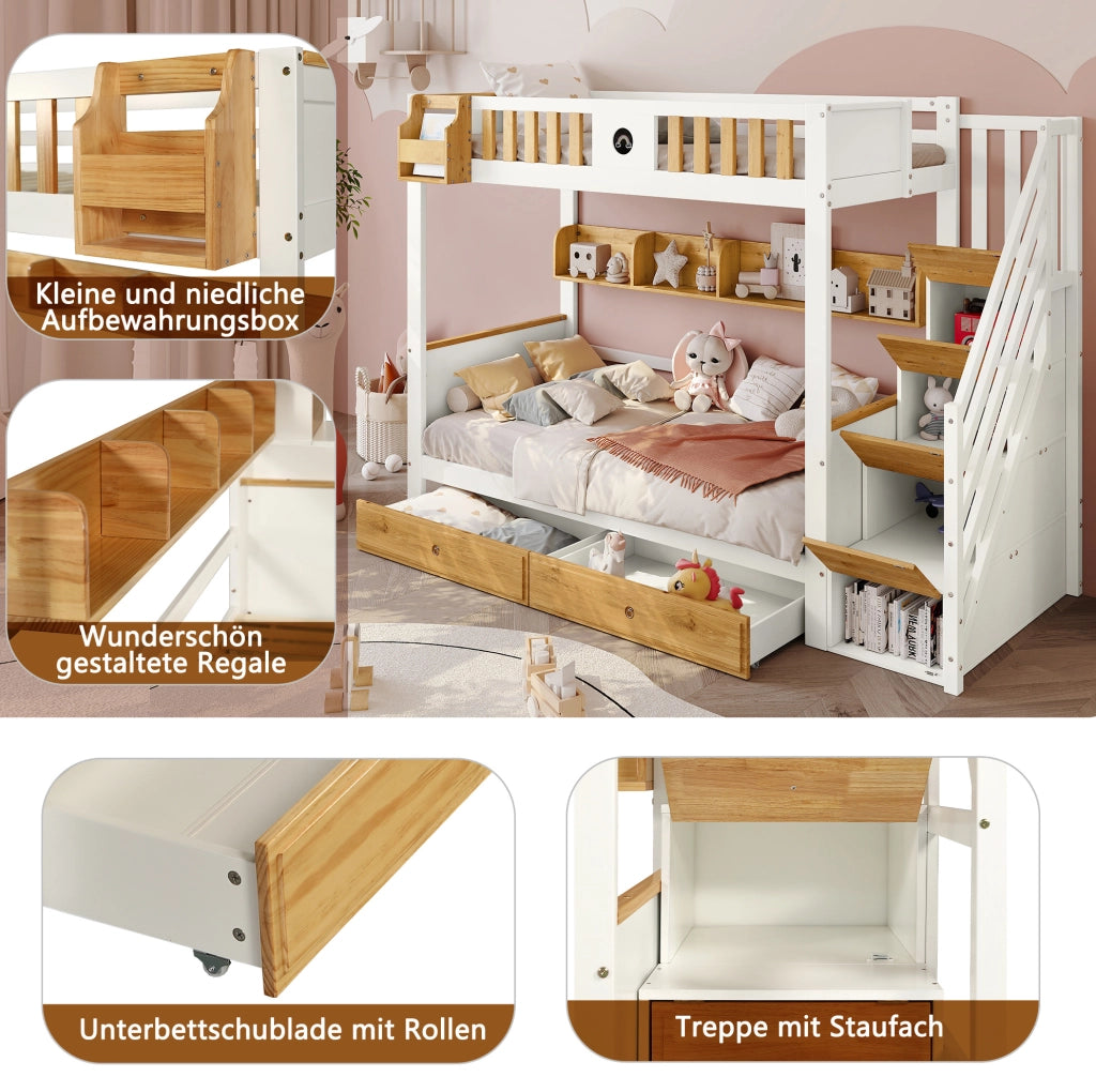 Letto a castello 90x200 cm con scala contenitore bianco/naturale