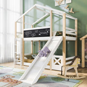 OKWISH Letto a Casetta 90×200 cm, Letto Singolo con Scivolo, Scala e Lavagna, senza Materasso, in Legno Massello, Bianco