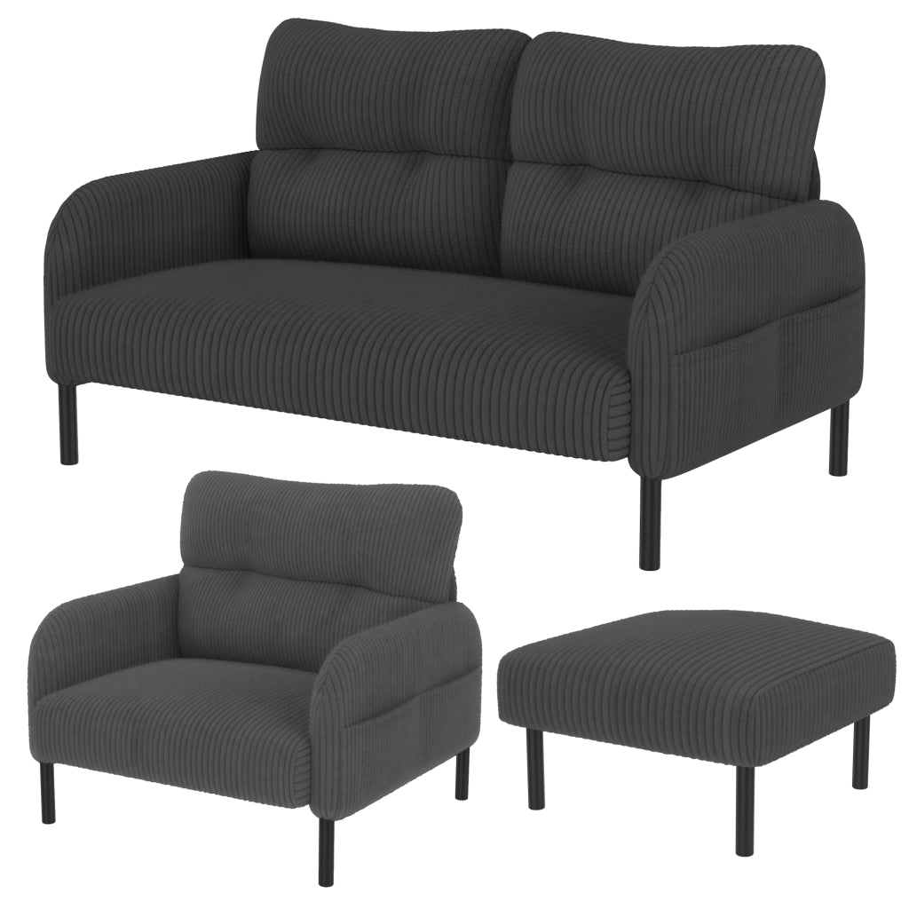 Set di Divani con 1 Divano 2 Posti; 1 Poltrona e 1 Poggiapiedi; Schienale Ergonomico e Tasca Laterale; per Soggiorno; Velluto a Coste; Grigio