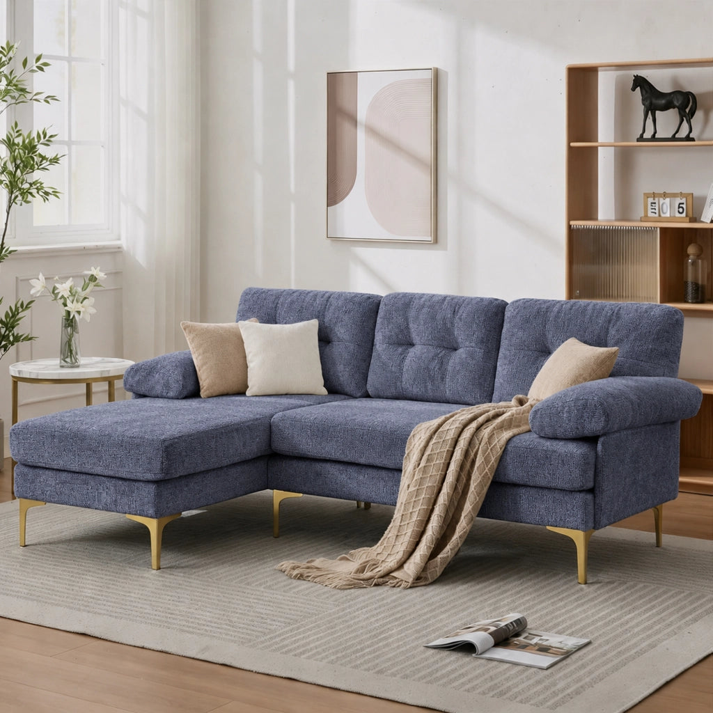 Divano angolare 3 posti convertibile con chaise longue reversibile e braccioli imbottiti in tessuto ciniglia blu 187.5 × 130 × 79 cm