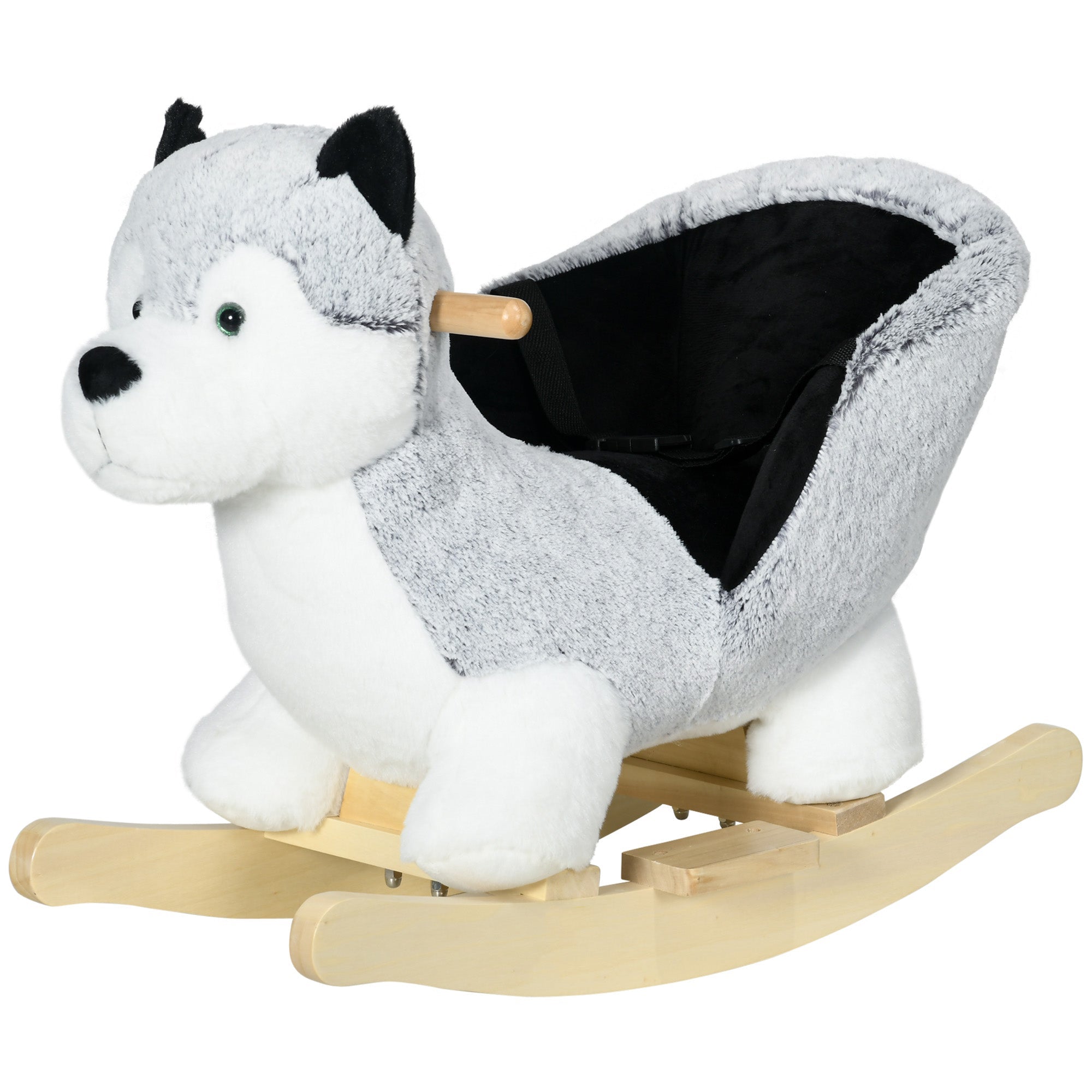 Cavallo a Dondolo per Bambini in Legno e Peluche Cane Husky Grigio