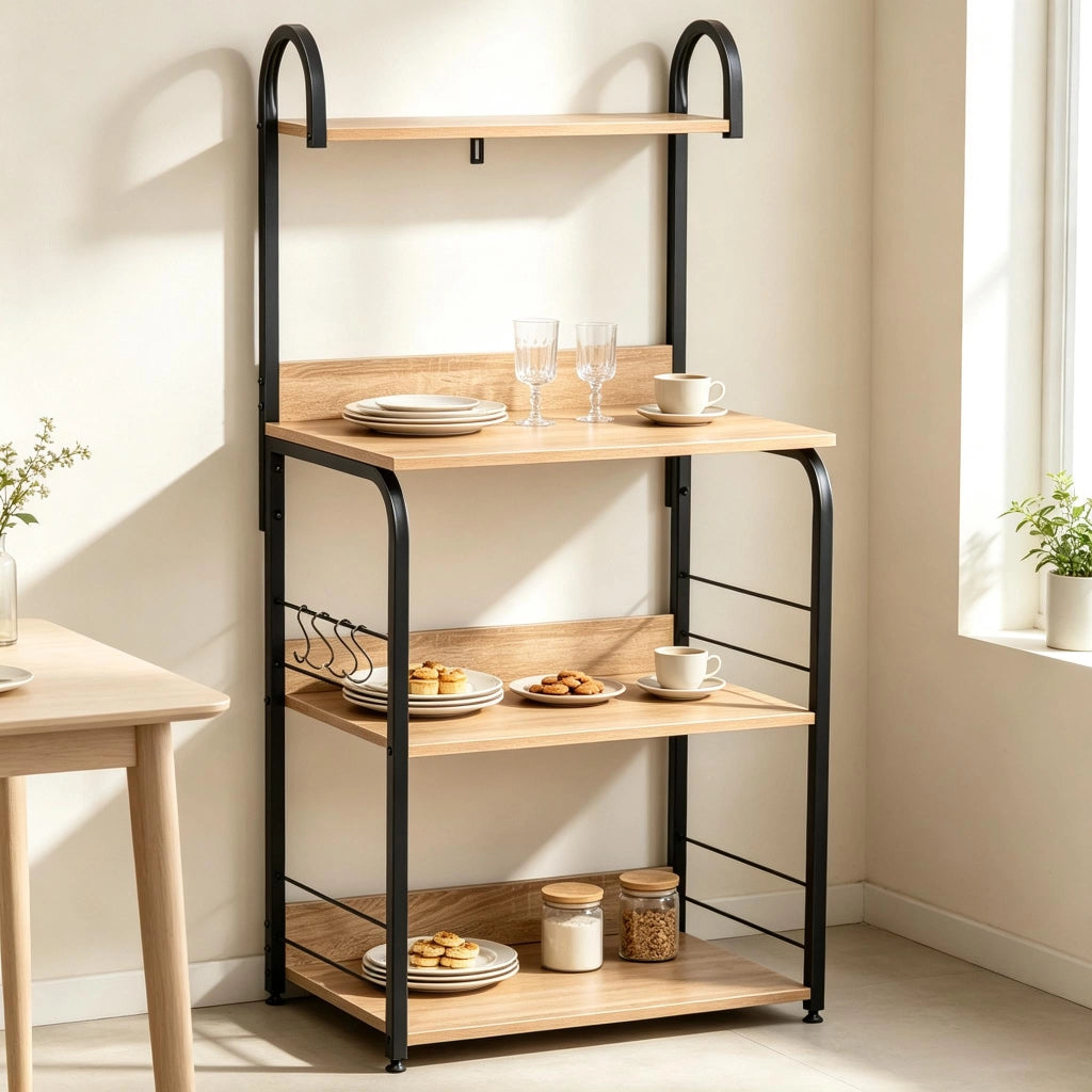 SCAFFALE DA CUCINA 60x40x125 cm Legno naturale e nero con 4 ripiani e 4 ganci