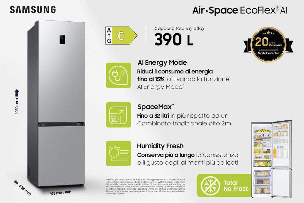 Samsung EcoFlex AI RB38C672CSA Frigorifero Combinato 390 Litri Classe C No Frost Raffreddamento Mono Split Cooling Wifi 203cm Silver Inox