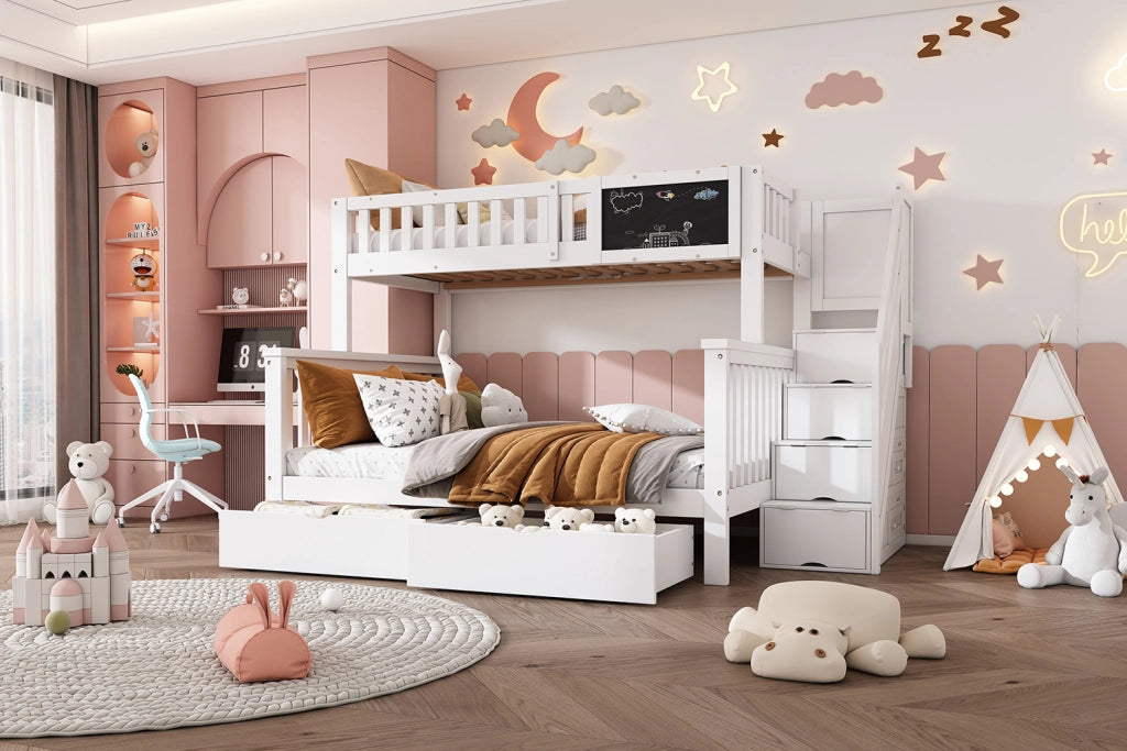 DESMIU Letto a castello per bambini 90 × 200 cm con lavagna, 2 cassetti, vano nella scala, senza materasso, legno bianco