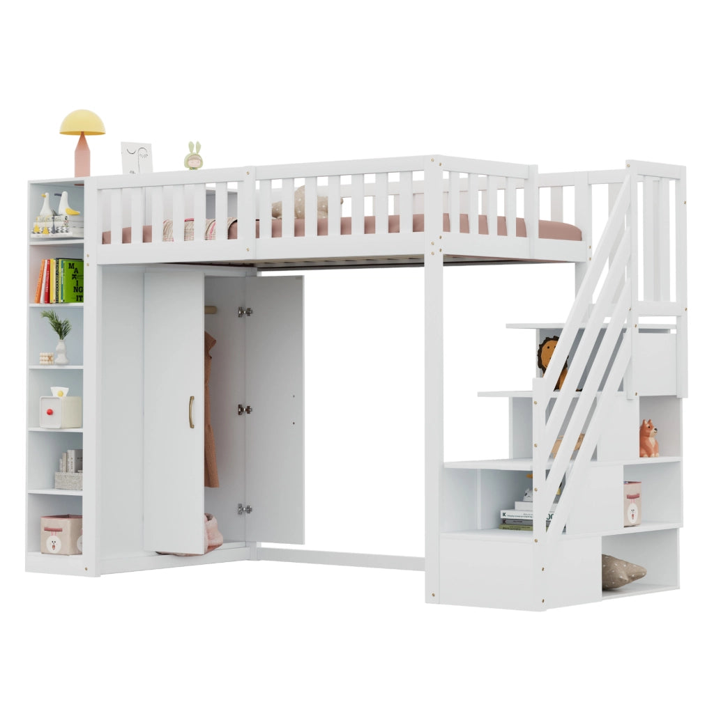 Letto a soppalco 90x200 cm con armadio, scaffali e scala contenitore