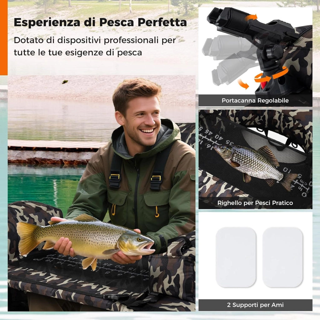 Galleggiante da Pesca Gonfiabile, Barca da Pesca Portatile con Spallacci, Pompa Manuale, Remi, Pinne, Supporto per Canna da Pesca, Righello per Pesci e Spazi di Stoccaggio, Portata 150 kg