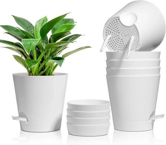 Set di 6 Vasi di Plastica per Fiori con Sistema di Irrigazione - Bianco - Circolare - Ø 6,5cm