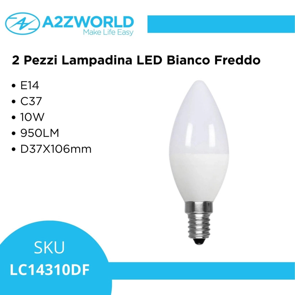 2 Pezzi Lampadina LED E14 C37 Candela 10W 950LM Bianco Freddo 6500K D37X106mm