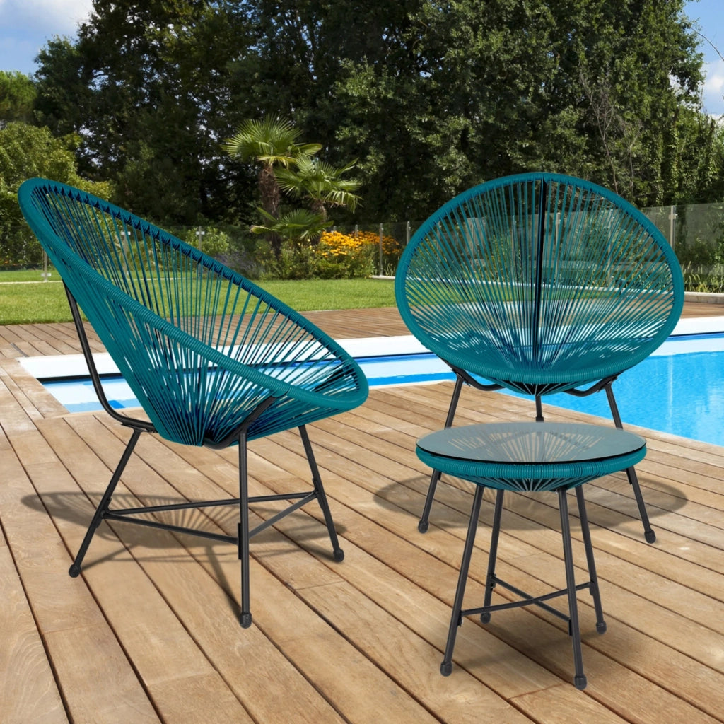 IDMarket - Mobili da giardino IZMIR - tavolo e 2 poltrone - uovo di corda blu anatra
