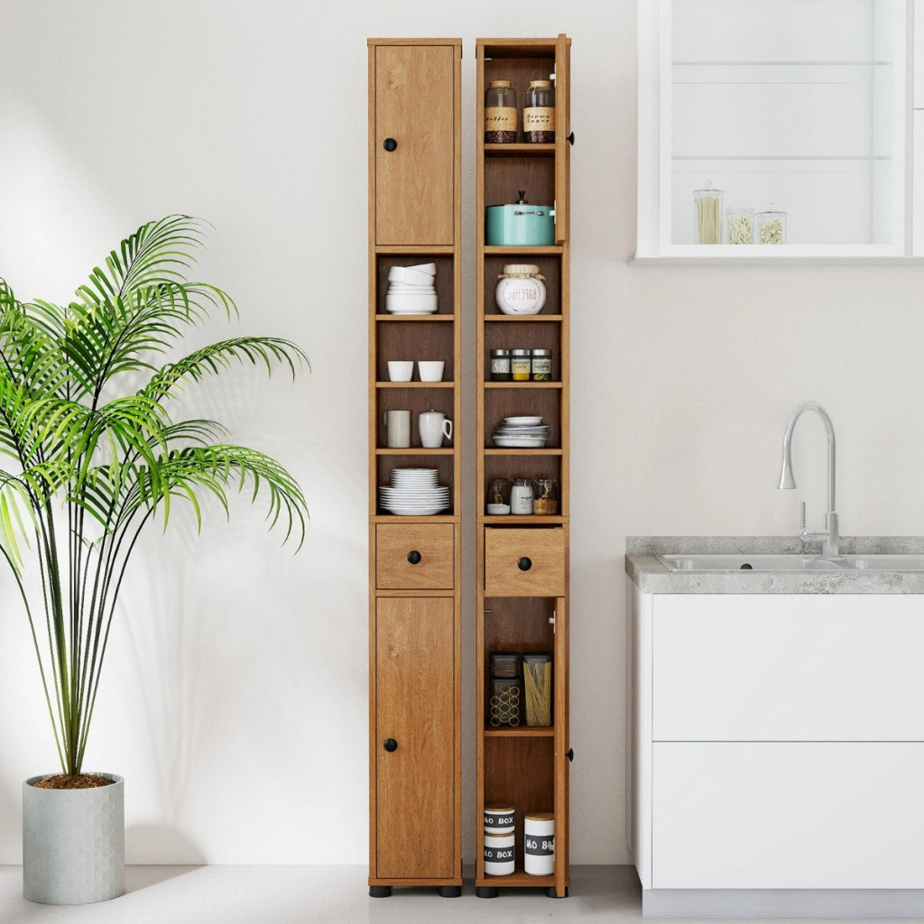 Armadio da bagno alto-Mobiletto da bagno slim con 1 cassetto di stoccaggio, Armadio da bagno 5 ripiani regolabili struttura antiscivolo Legno naturale