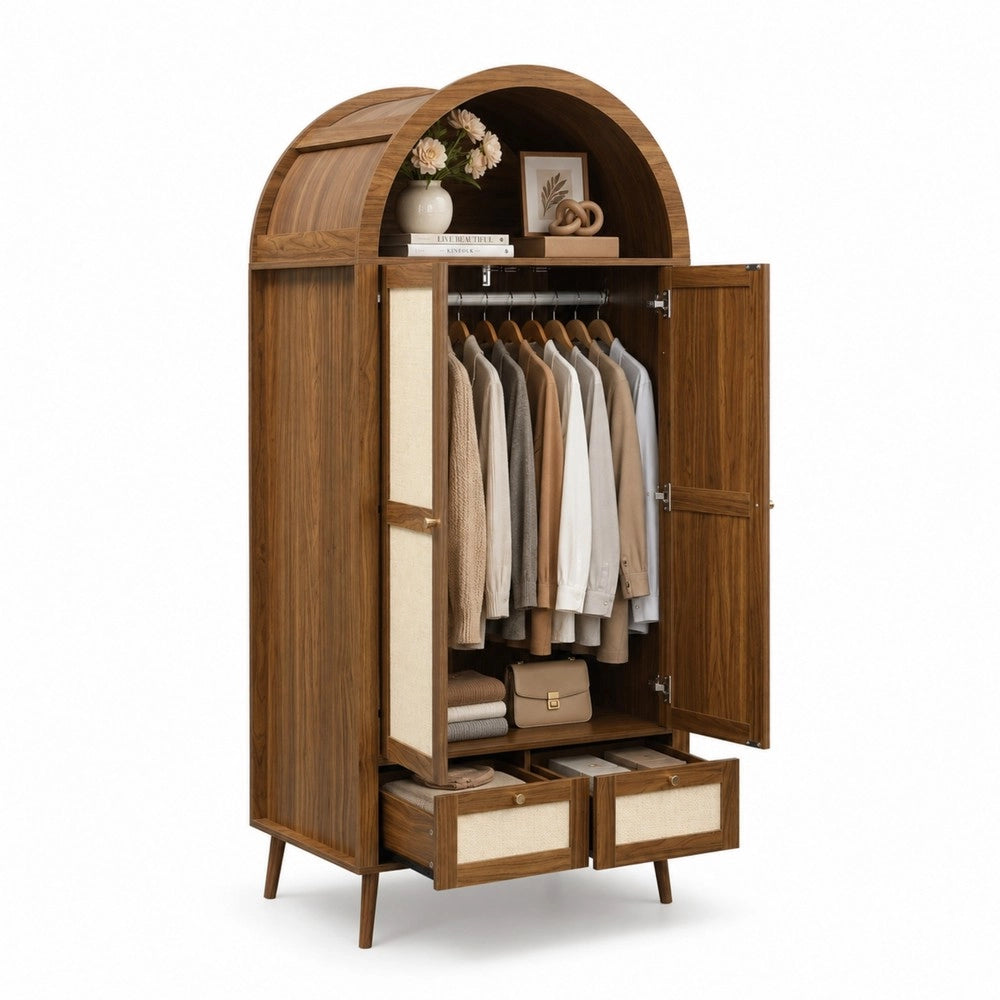 Armadio con 2 porte e 2 cassetti ¨C Minimal ¨C rovere beige rattan 180cm alto con appendiabiti e ripiani