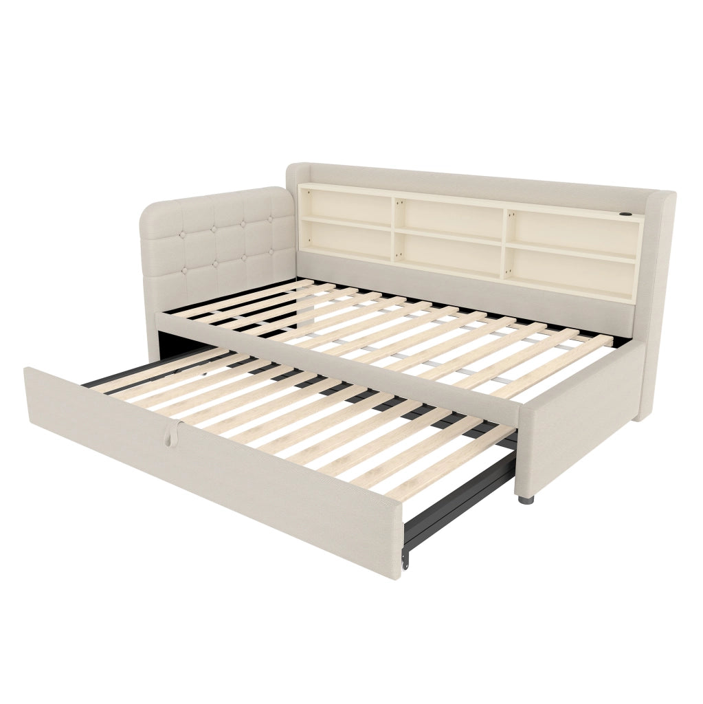 Divano letto estraibile 90x200 cm in lino beige con USB e Type-C