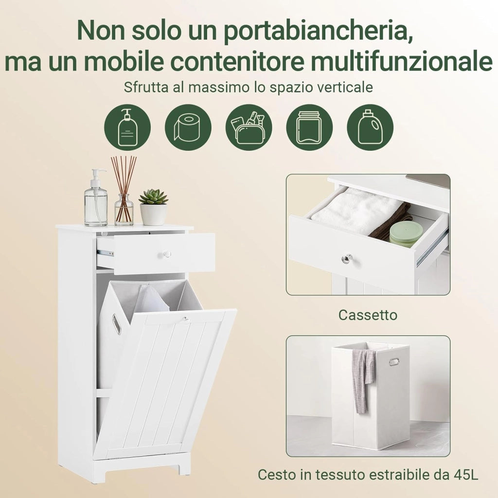 Mobiletto Bagno Salvaspazio con Cassetto e Cesto Portabiancheria Estraibile - Armadietto Stretto Verticale per Bagno Piccolo o Lavanderia - Mobile Bagno in MDF Bianco, L40×P38×H90 cm, BZR21-II-W