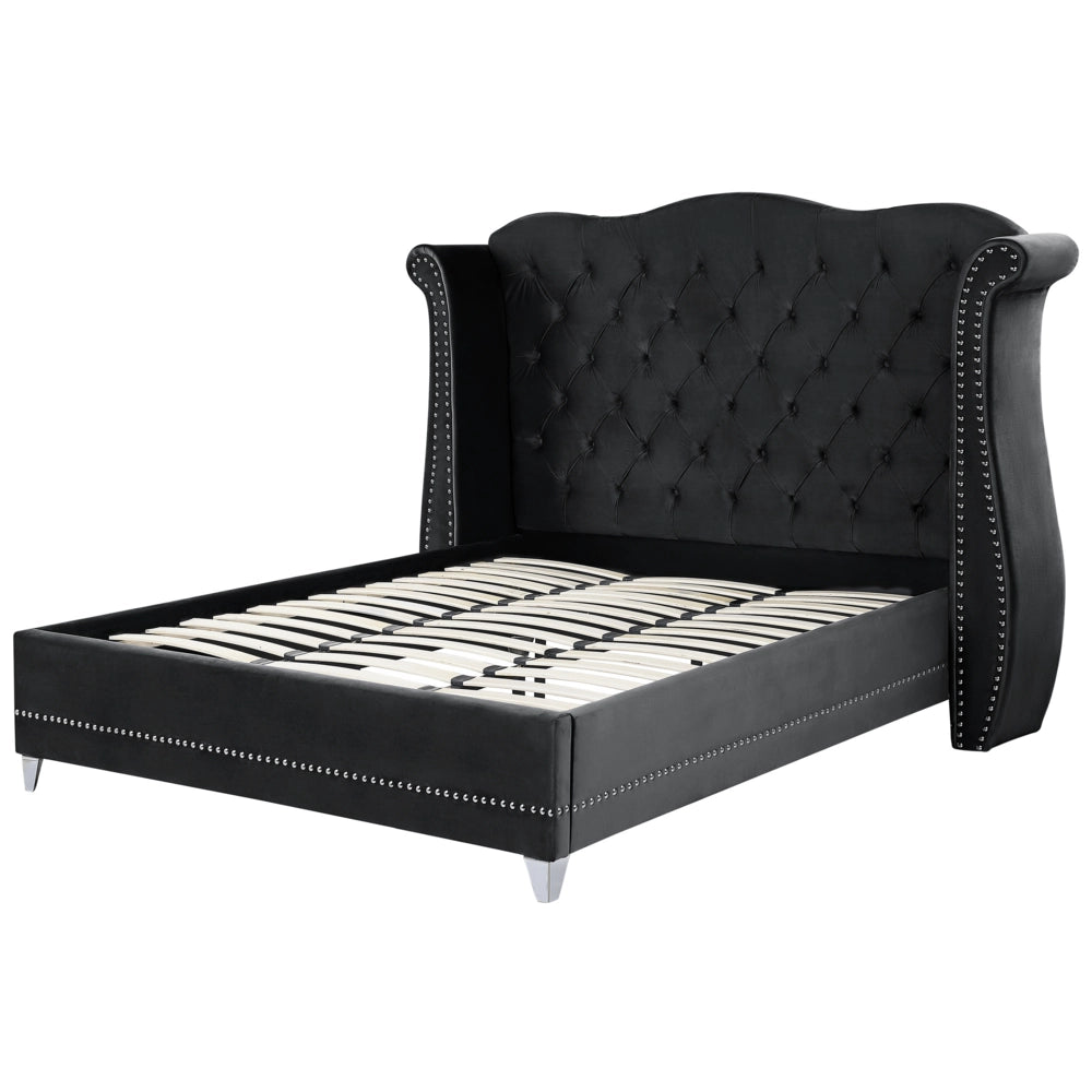 Letto 180 x 200 cm Velluto Nero Base a doghe Bottone trapuntato testiera