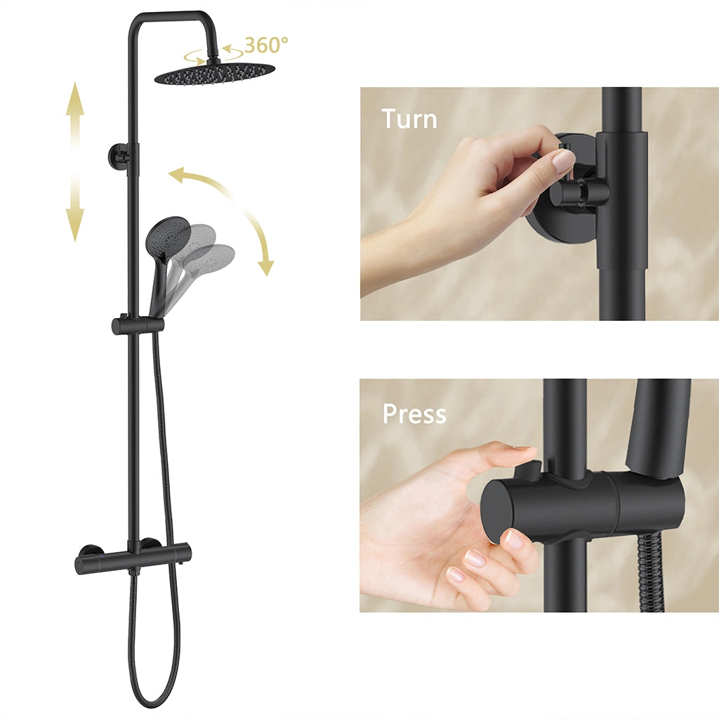 AICA ITALY Sistema Doccia con Miscelatore Termostatico a 38℃ e Soffione Rotondo da 25cm Altezza Regolabile 75-130cm nero