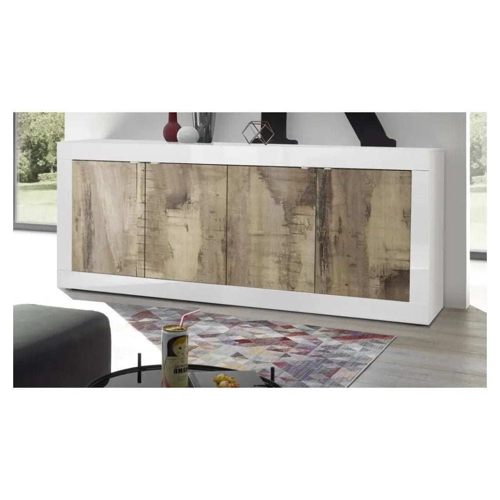 Buffet 4 porte, collezione ISORA, color bianco e rovere chiaro, ideale per un soggiorno o una sala da pranzo moderna