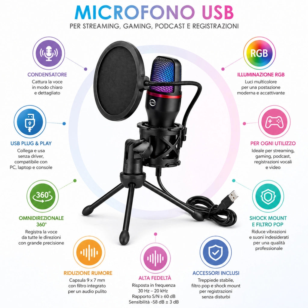 MICROFONO USB A CONDENSATORE TREPPIEDE FILTRO POP RGB STREAMING PODCAST AS-06022