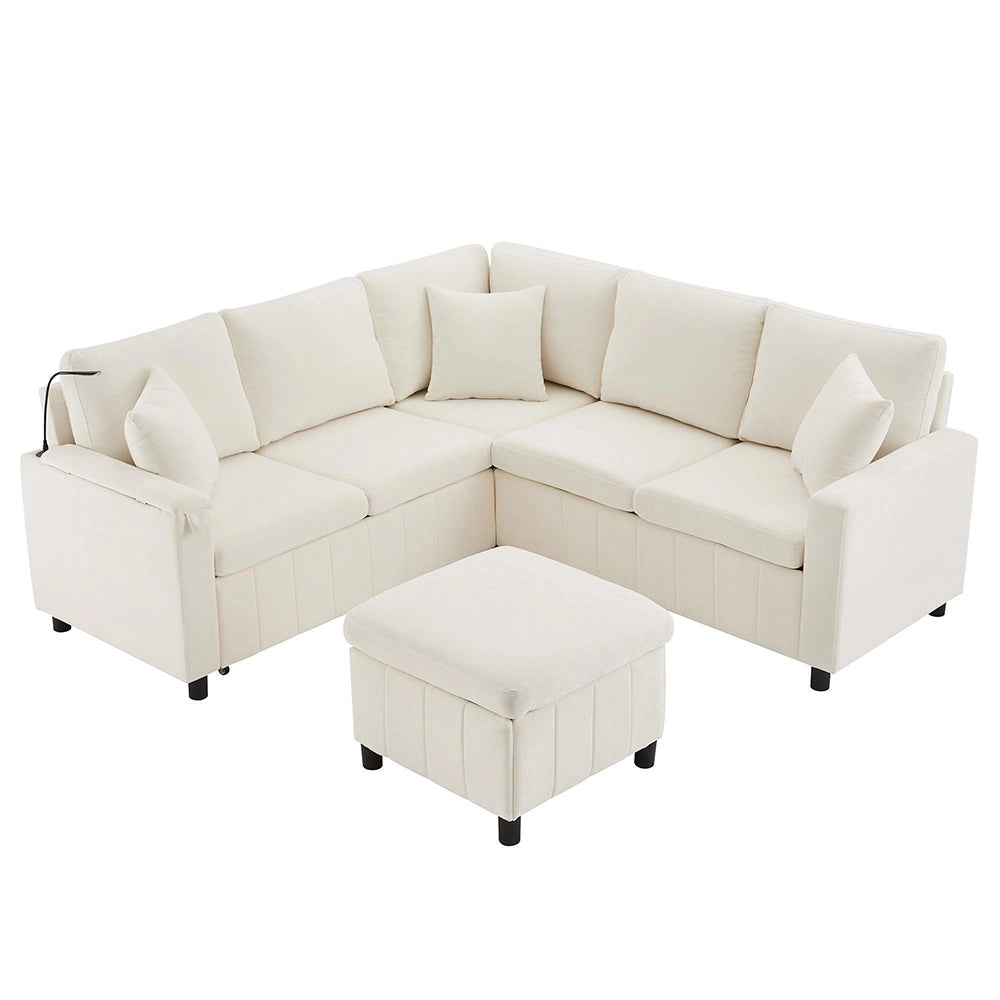 Divano letto angolare in velluto - Xylo - 205x205x85 cm - Beige - Con pouf, luce, USB, tavolo nascosto