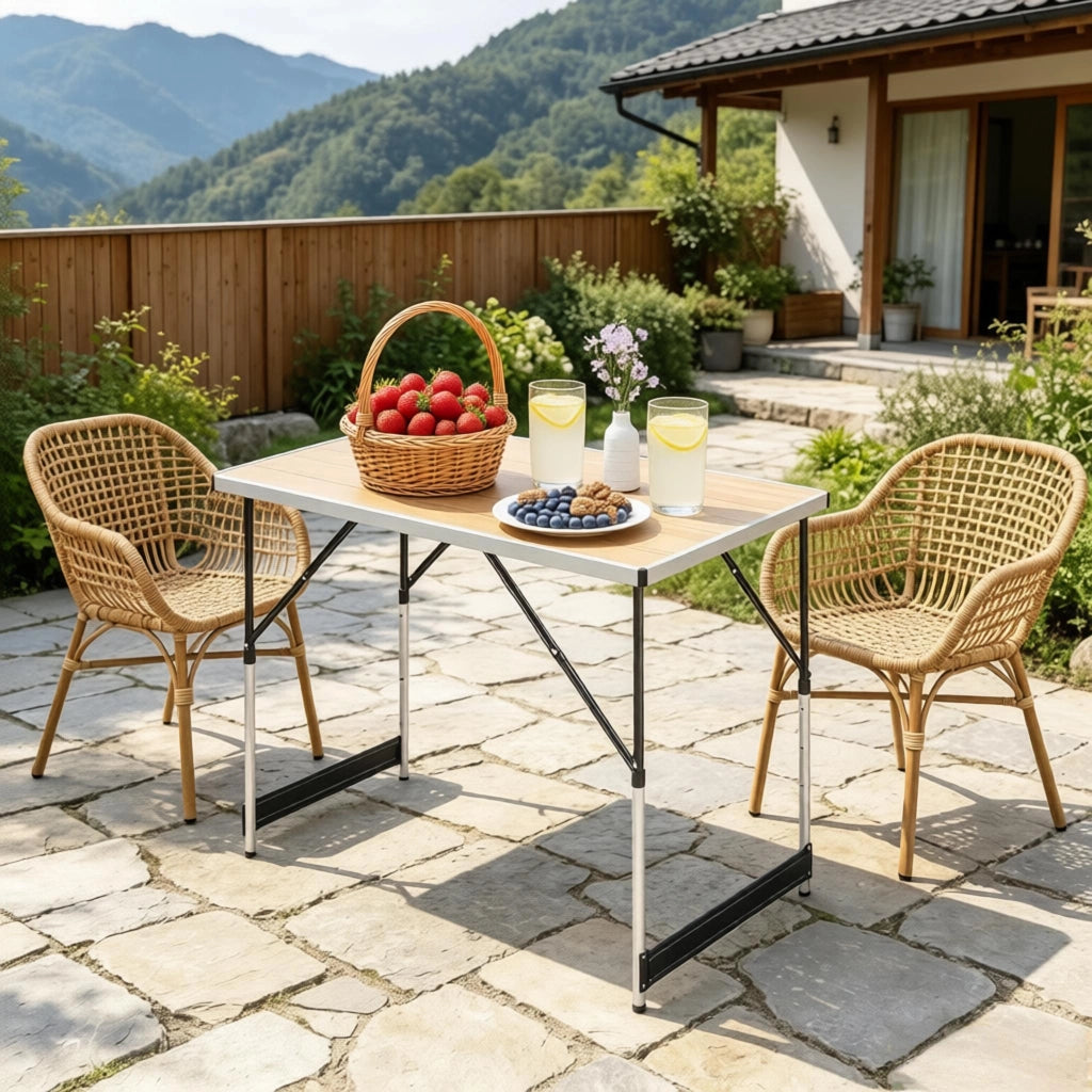 Tavolo da pranzo da esterno pieghevole con altezza regolabile a 4 livelli per giardino; in MDF; rovere chiaro