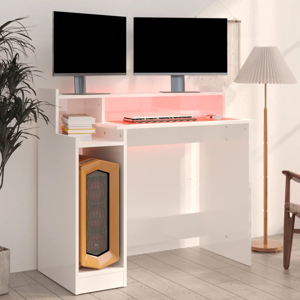 Scrivania con LED-Scrivanie per ufficio e studio Bianco Lucido 97x45x90cm in Legno Multistrato