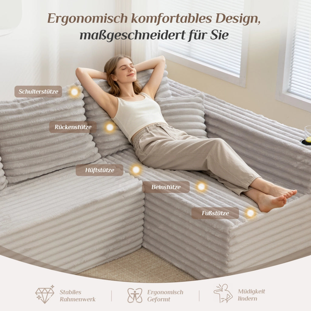 Divano Angolare a U in Tessuto Cord ¨C MINIMAL ¨C con Portabicchieri, Tasche Laterali e Cuscini