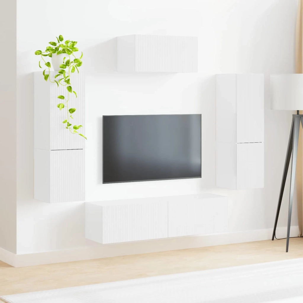 Set mobile TV 4 pz-Credenza per TV Bianco Lucido Legno multistrato 791865
