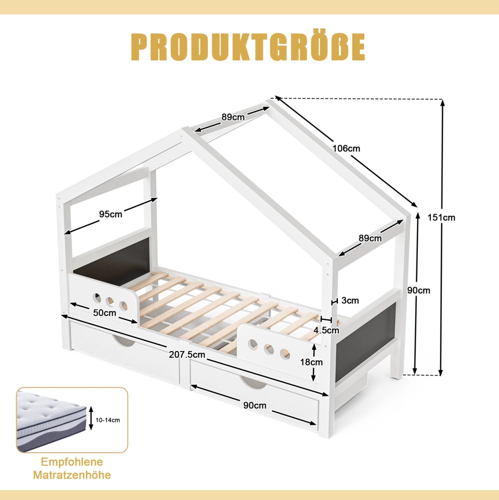 Letto per bambini 90x200 cm con tetto; 2 cassetti e lavagna in legno; bianco