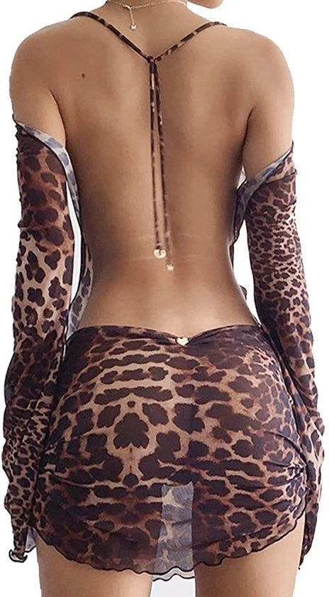 Miniabito Sexy a Pelo di Leopardo - Abito da Sera Corto - Cocktail per Donne - Lunghe Maniche - Design Elegante - 95% Poliestere