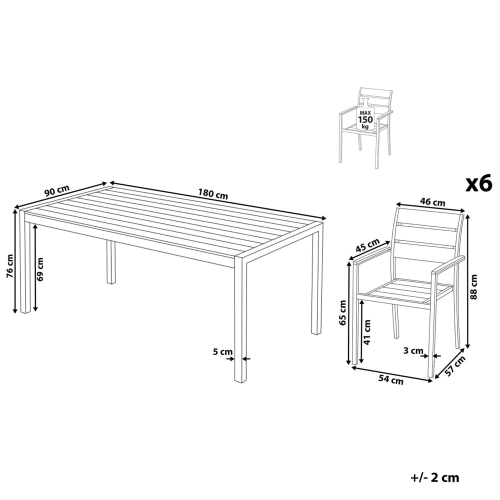 Set da Giardino 6 Sedie Tavolo Rettangolare Marroni in Legno e Alluminio Anodizzato