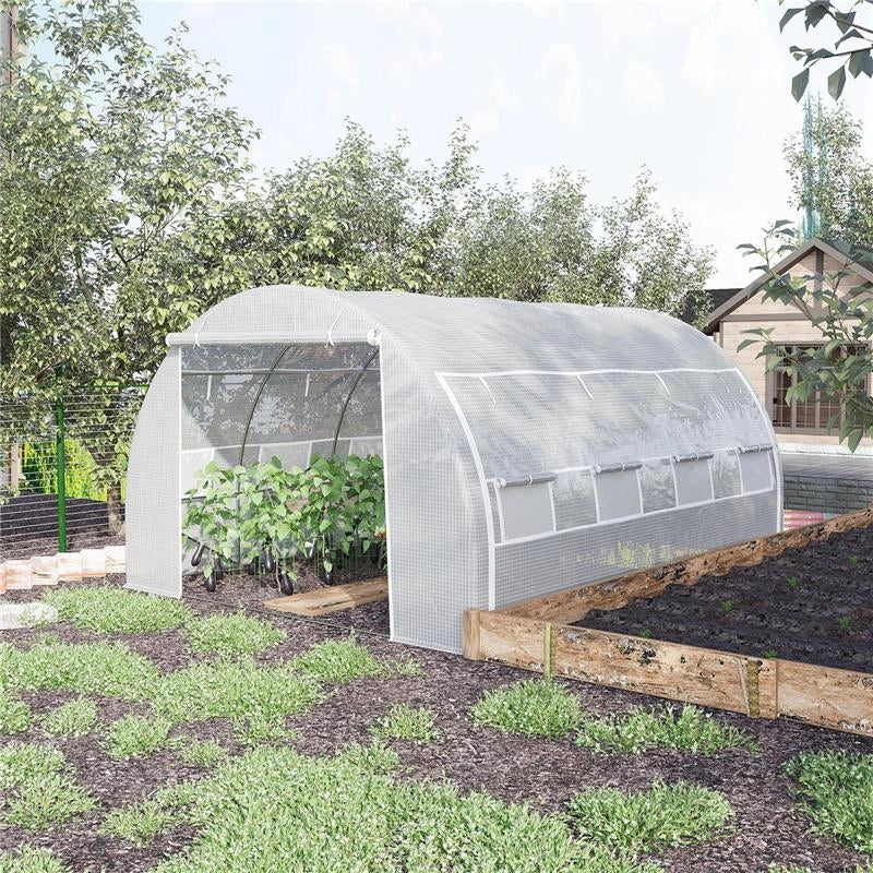 SERRA A TUNNEL CON PORTA, PANNELLI E 8 FINESTRE AVVOLGIBILI, IN ACCIAIO ZINCATO E PE, 3.97X3X2 M, BIANCO