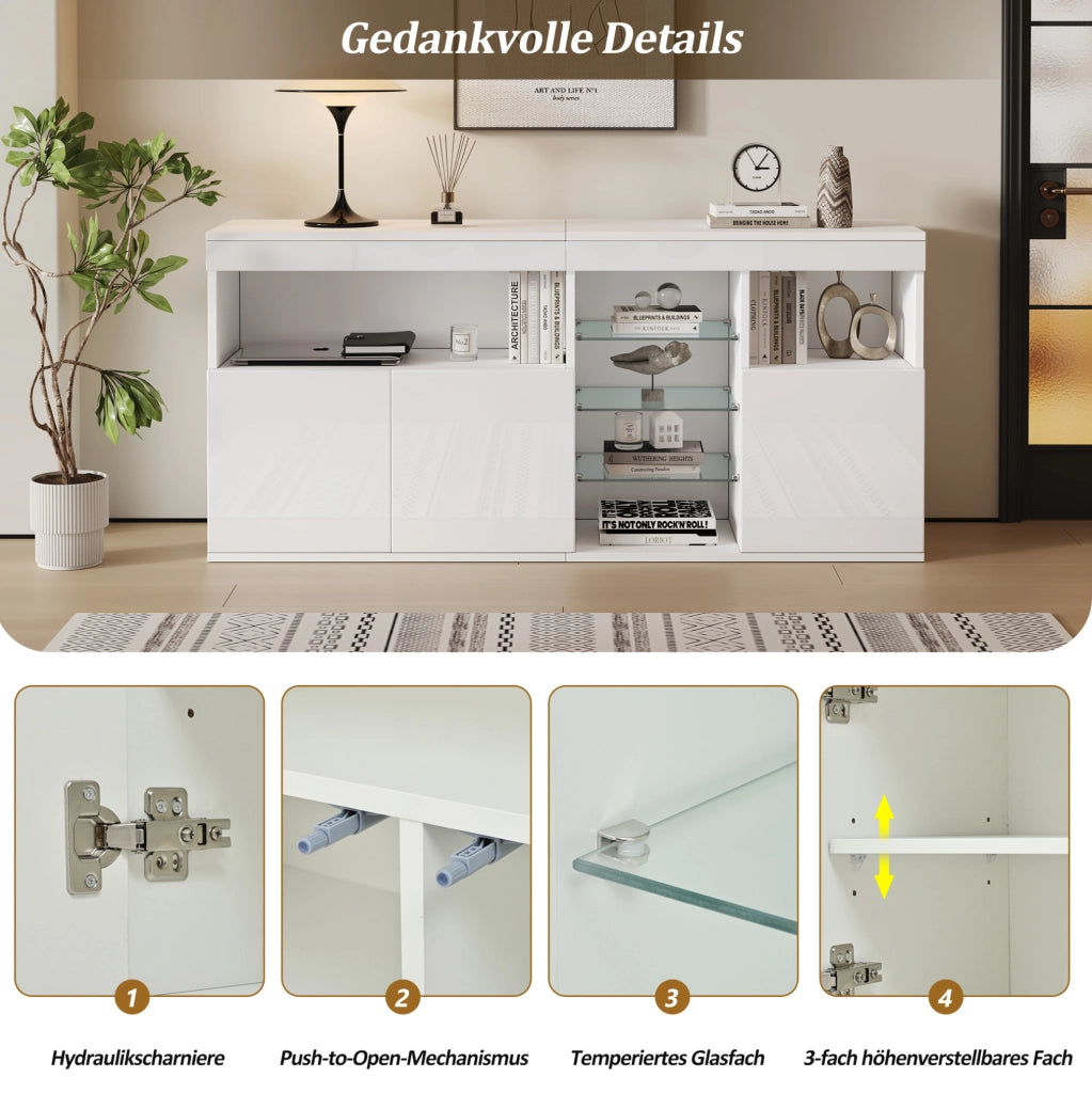 Sideboard soggiorno bianco LED con app, 3 ante, 155,5 cm