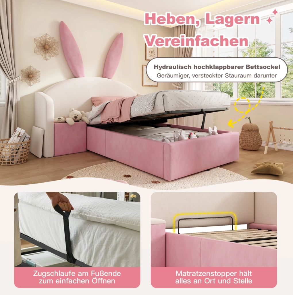 Letto imbottito 90x200 cm con contenitore idraulico e comodino integrato; velluto beige e rosa
