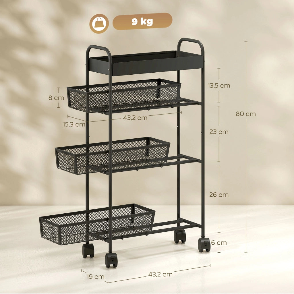Carrello a 4 livelli con 3 cesti scorrevoli ¨C zephmum ¨C nero 80x43.2x19 cm