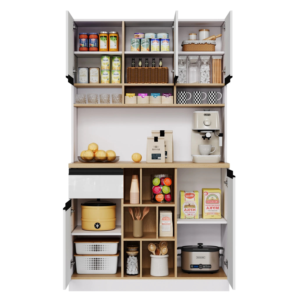 Credenza moderna bianca lucida 105×45×185 cm con ante, cassetto e vani aperti