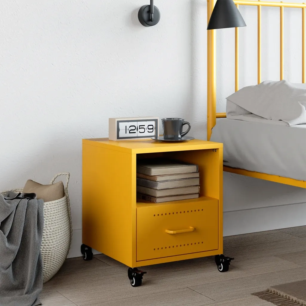 Comodino | Armadio da Notte | Mobiletto da notte Giallo Senape 36x39x43,5 cm in Acciaio
