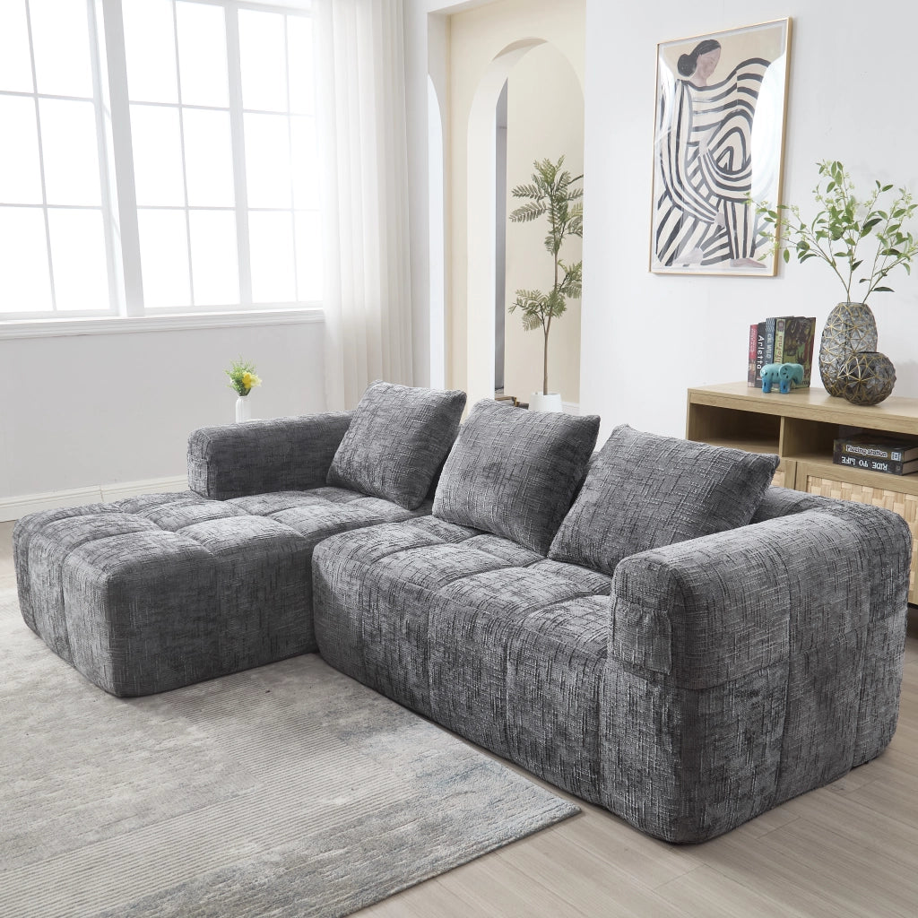OKWISH Divano Angolare 3 Posti Modulare, con Chaise Longue, Tasche Laterali e 3 Cuscini, Ciniglia, Grigio