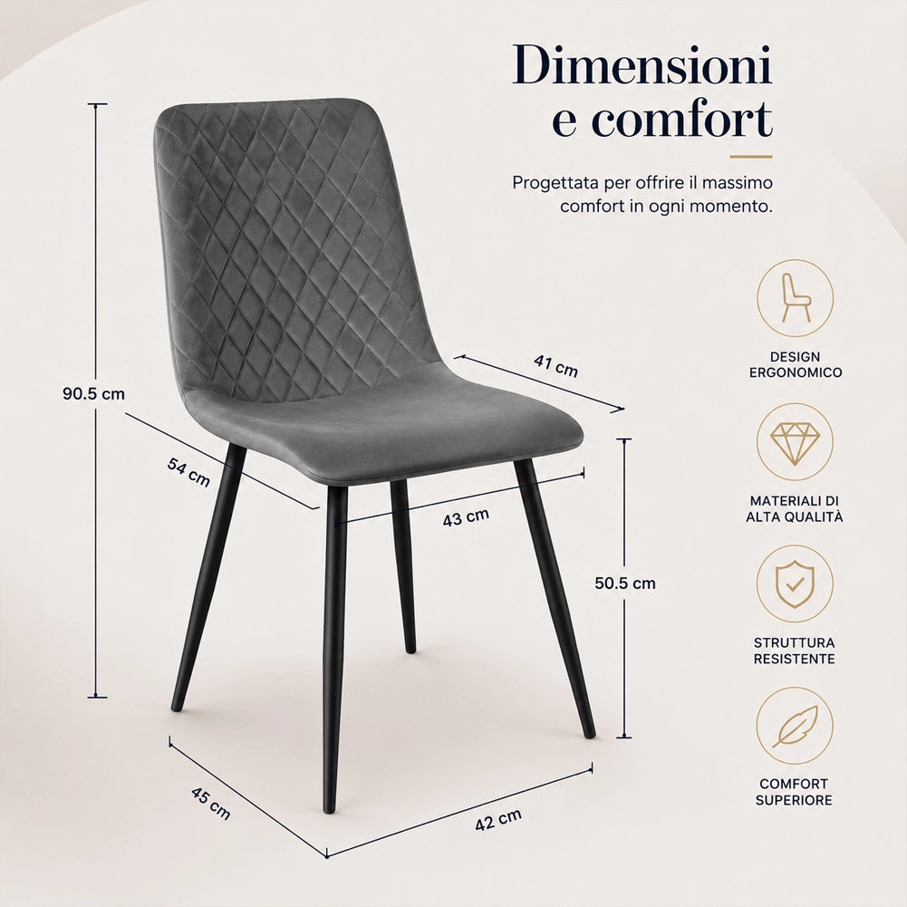 Set 4 Sedie Grigio con Rivestimento in Velluto e Piedi Neri Seduta Ergonomica