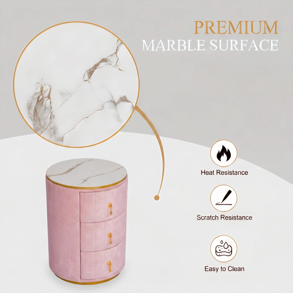 Tavolino da Comodino con 3 Cassetti ¨C MINIMAL ¨C Velluto Rosa, Piano in Marmo, Gambe Oro