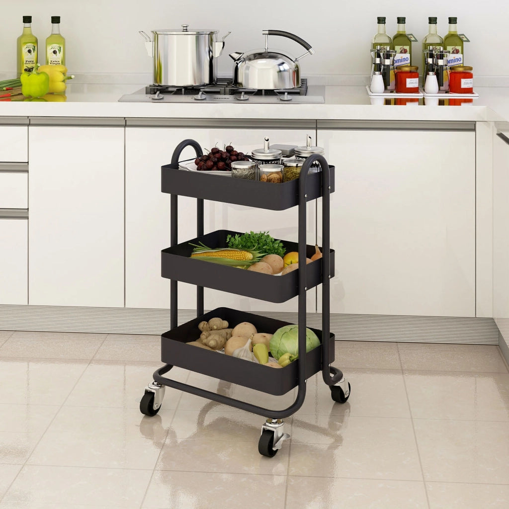 Carrello da Cucina 'Pyhäntä' in Acciaio con 3 Contenitori - Nero opaco [en.casa]