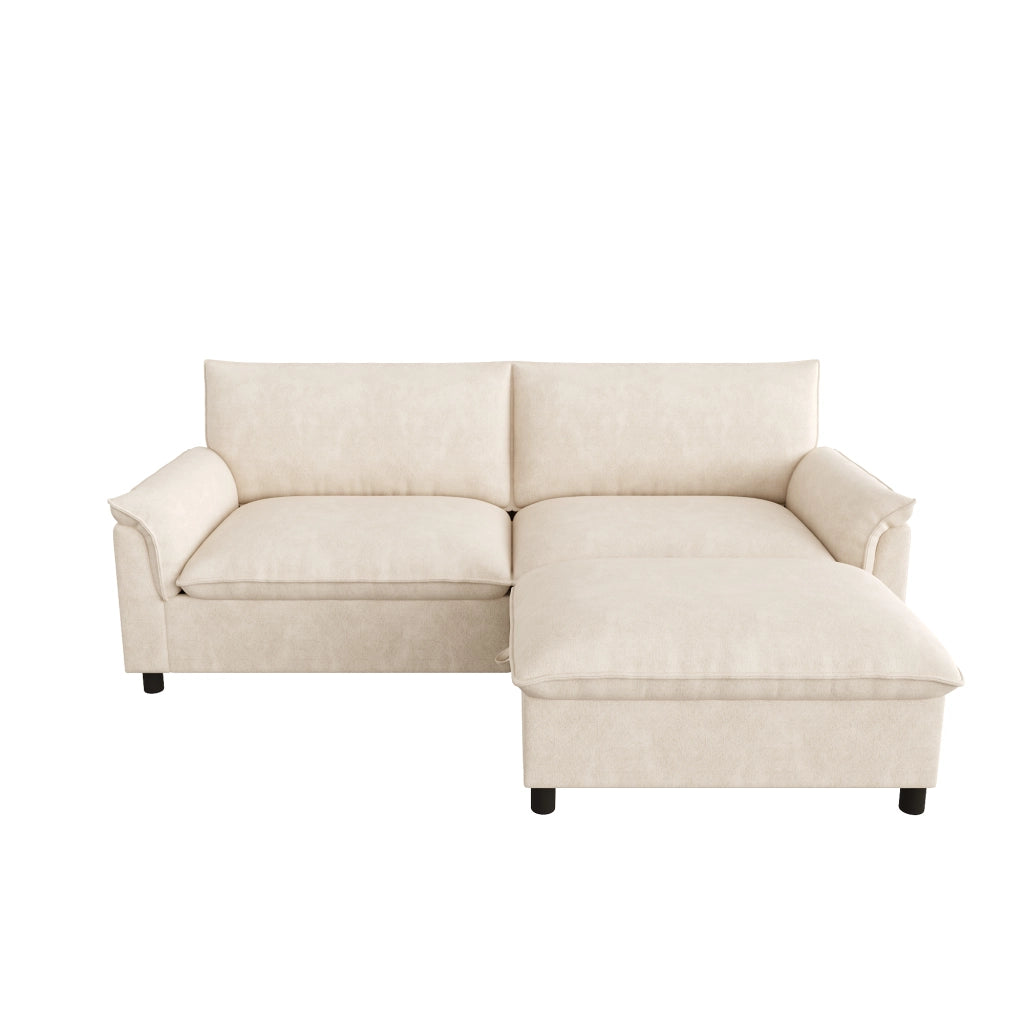Divano angolare modulare con pouf contenitore e funzione letto in chenille beige