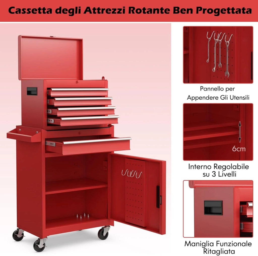 Cassettiera Portautensili a 4 Cassetti, Carrello per Attrezzi con Ruote Bloccabili Ripiano Regolabile e Rivestimento Antiscivolo, 59 x 28 x 102 cm (Rosso)