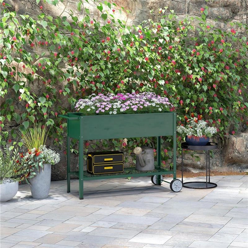 FIORIERA DA ESTERNO CON MENSOLA INFERIORE PORTAUTENSILI, IN METALLO, 109X44X80 CM, VERDE