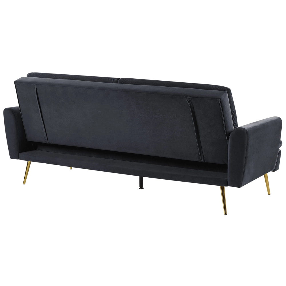 Divano Letto in Velluto Nero 3 Posti Click Clack Gambe In Metallo Dorato