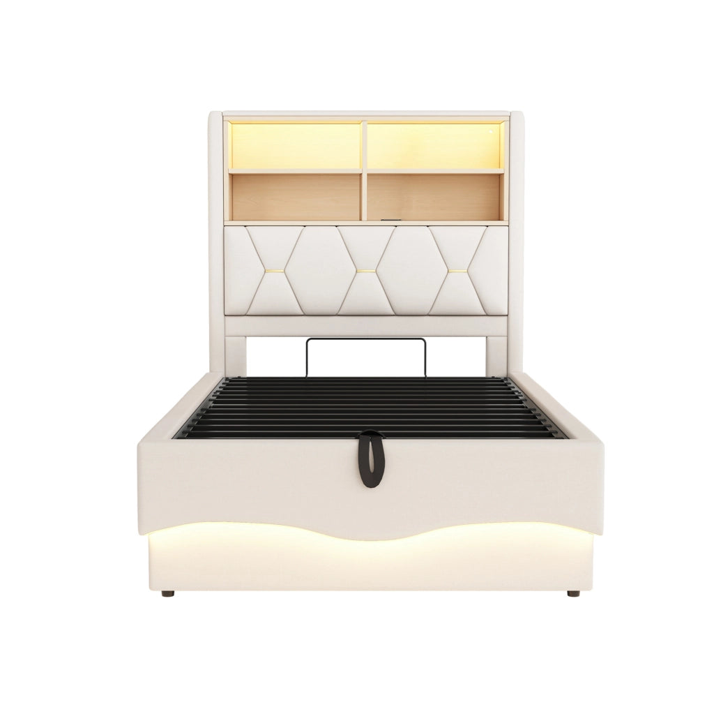 Letto multifunzione per bambini e ragazzi 90x200 cm con LED; USB e contenitore; beige