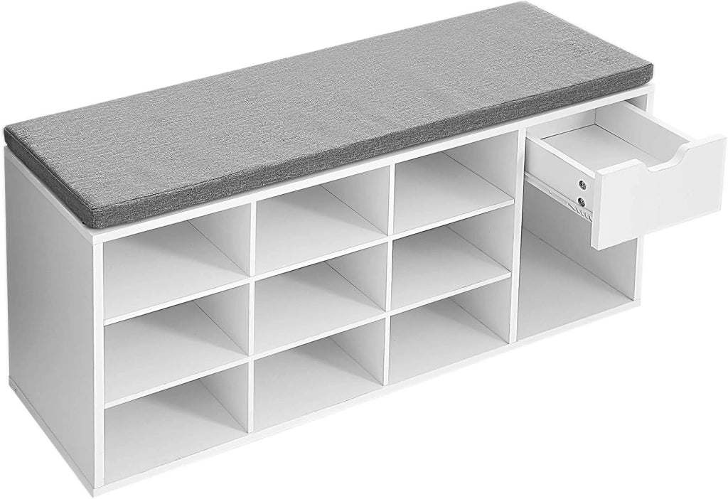 VASAGLE Panca Scarpiera, Panca Contenitore con Cassetto e Scomparti Aperti, Scaffale Portascarpe, Seduta Imbottita, Ingresso Camera da Letto, 30 x 104 x 48 cm, Bianco e Grigio LHS24WT